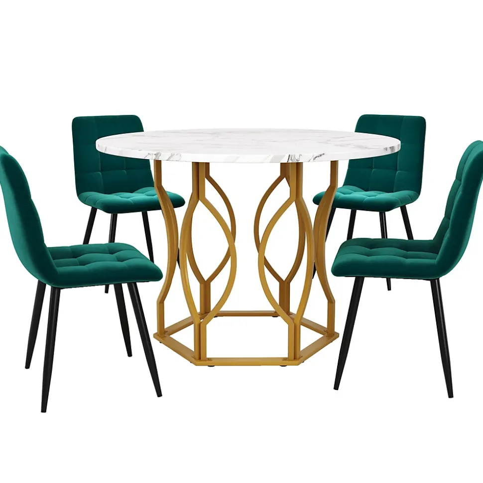 Ensemble Table et Chaises - Table Ronde et 4 Chaises Velours, Salle à Manger Moderne avec Pieds Métal Doré, Vert et Blanc
