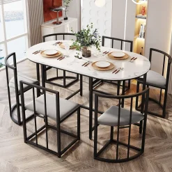 Ensemble Table et Chaises de Salle à Manger, Table Blanche avec Chaises en Velours et Pieds Noirs, Design Élégant, 140x80x76 cm