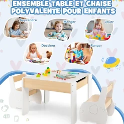 Ensemble Table et Chaises pour Enfants 3PCS avec Plateau Rabattable Dossier Ergonomique 4 en 1 Table Activités Blanc