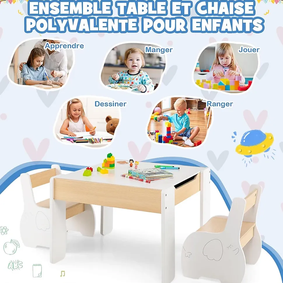Ensemble Table et Chaises pour Enfants 3PCS avec Plateau Rabattable Dossier Ergonomique 4 en 1 Table Activités Blanc