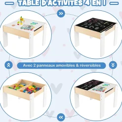 Ensemble Table et Chaises pour Enfants 3PCS avec Plateau Rabattable Dossier Ergonomique 4 en 1 Table Activités Blanc