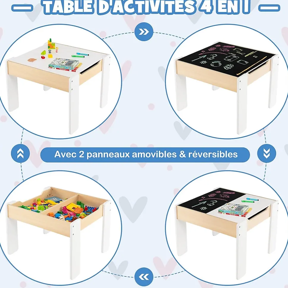 Ensemble Table et Chaises pour Enfants 3PCS avec Plateau Rabattable Dossier Ergonomique 4 en 1 Table Activités Blanc