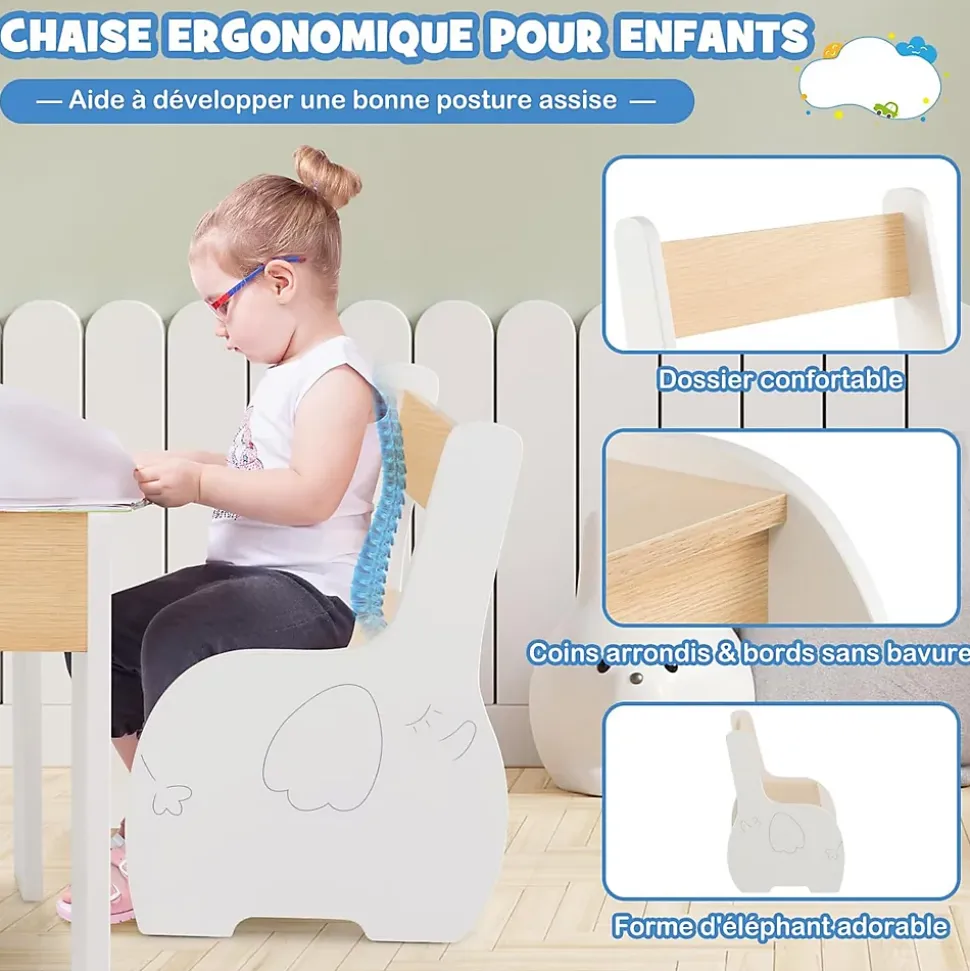 Ensemble Table et Chaises pour Enfants 3PCS avec Plateau Rabattable Dossier Ergonomique 4 en 1 Table Activités Blanc