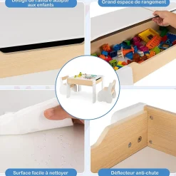 Ensemble Table et Chaises pour Enfants 3PCS avec Plateau Rabattable Dossier Ergonomique 4 en 1 Table Activités Blanc