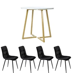 Ensemble table et chaises 80x75 cm, 4 chaises en velours, table ronde plateau MDF marbre et pieds métal doré