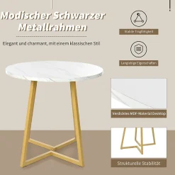 Ensemble table et chaises 80x75 cm, 4 chaises en velours, table ronde plateau MDF marbre et pieds métal doré
