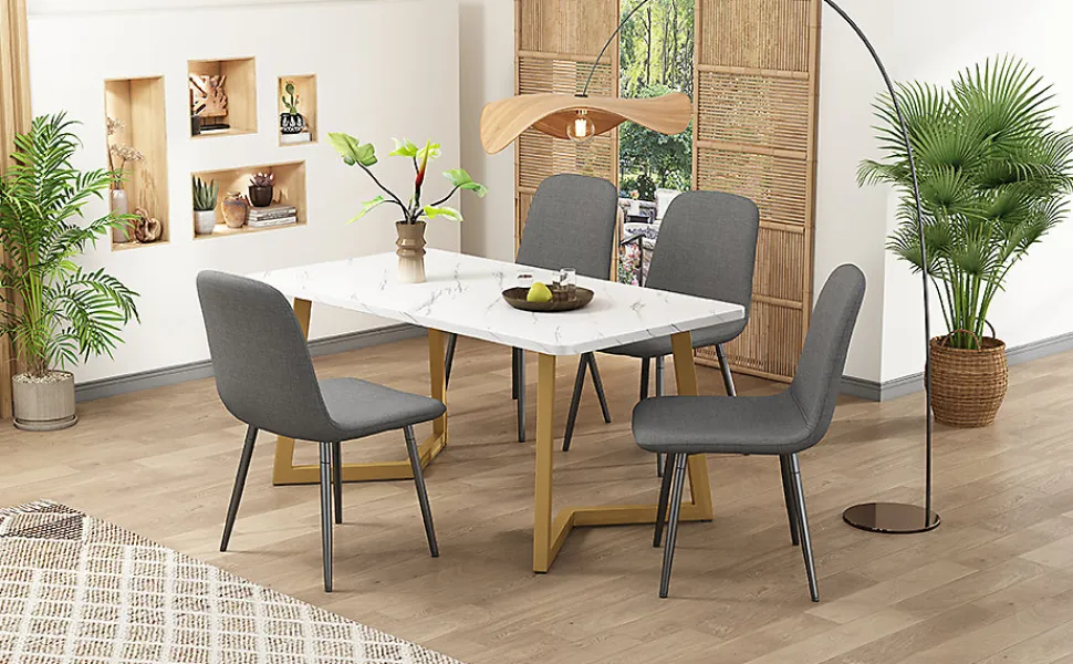 Ensemble table et chaises 117x68x75 cm avec 4 chaises en lin gris, table rectangulaire MDF, pieds métal doré