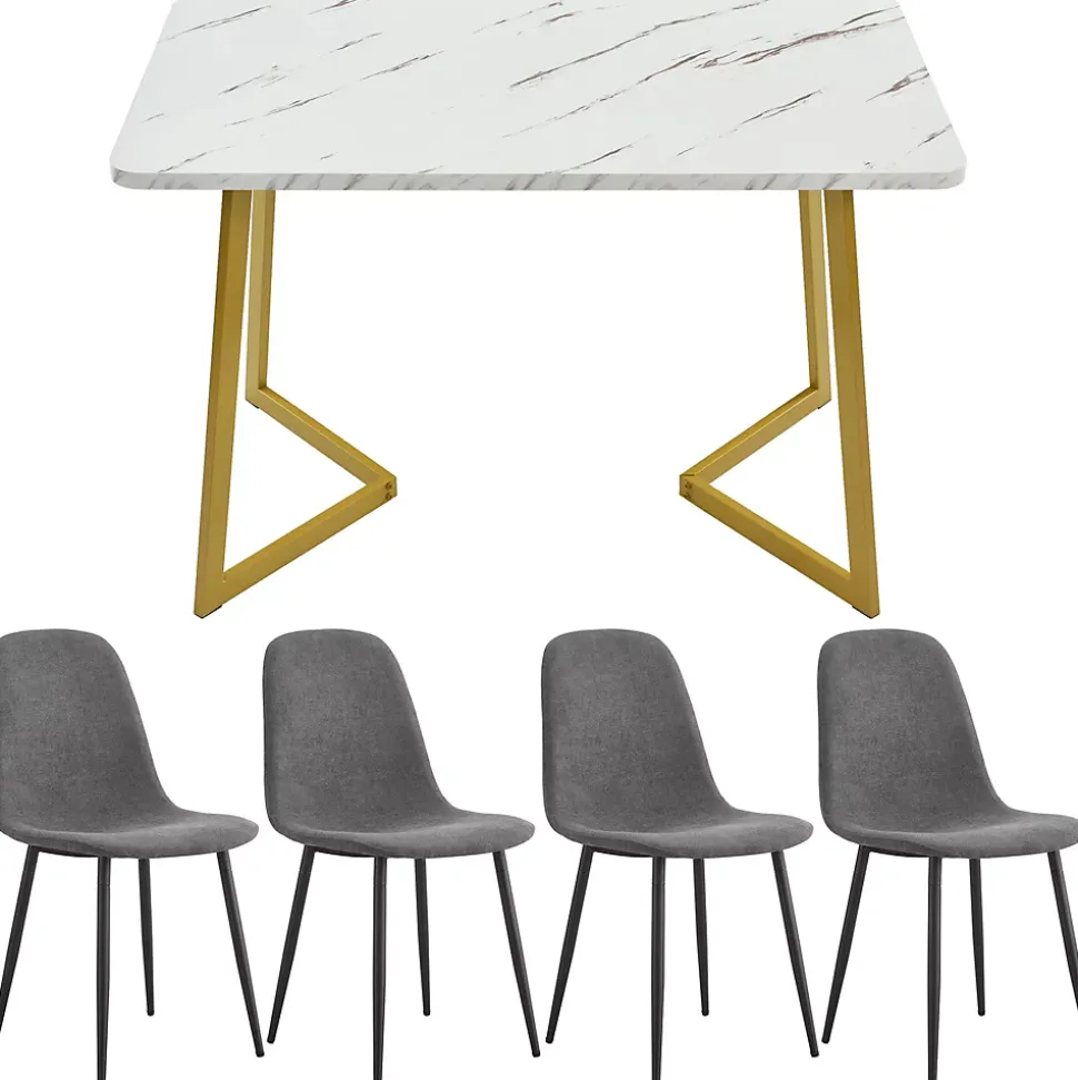 Ensemble table et chaises 117x68x75 cm avec 4 chaises en lin gris, table rectangulaire MDF, pieds métal doré