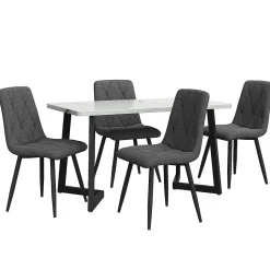 Ensemble Table et Chaises - Table Rectangulaire MDF avec 4 Chaises Lin à Motif Twill, Pieds Métal Noir, Blanc & Gris, 117x68x75 cm