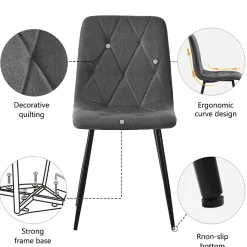 Ensemble Table et Chaises - Table Rectangulaire MDF avec 4 Chaises Lin à Motif Twill, Pieds Métal Noir, Blanc & Gris, 117x68x75 cm