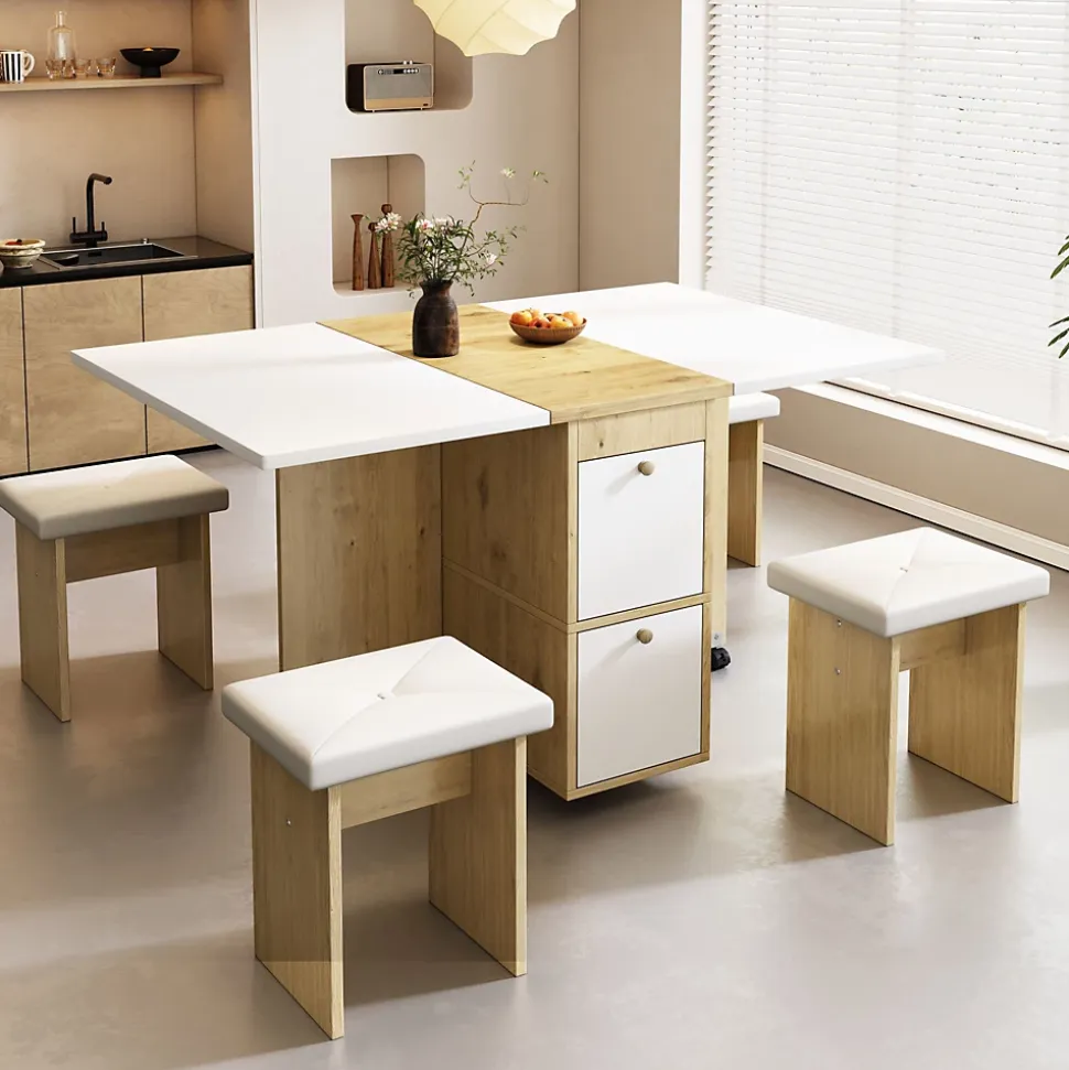 Ensemble table et chaises 120x80x75 cm avec 4 chaises table rabattable et extensible blanc et chêne