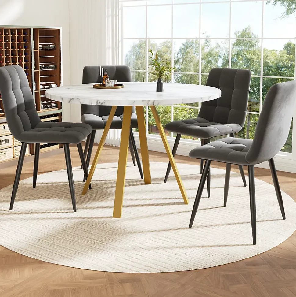 Ensemble table et chaises 80x80x75 cm avec 4 chaises, table carrée MDF, métal, assise velours blanc/doré