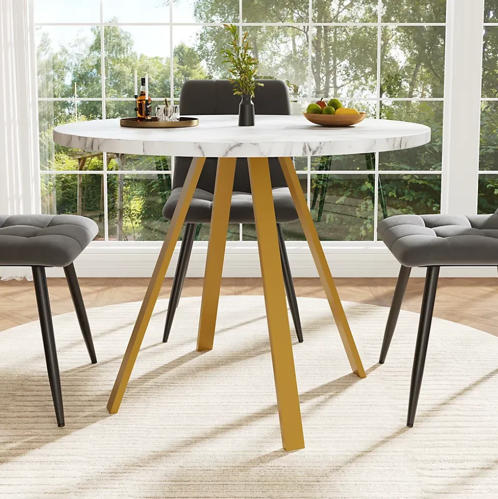 Ensemble table et chaises 80x80x75 cm avec 4 chaises, table carrée MDF, métal, assise velours blanc/doré
