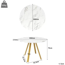 Ensemble table et chaises 80x80x75 cm avec 4 chaises, table carrée MDF, métal, assise velours blanc/doré