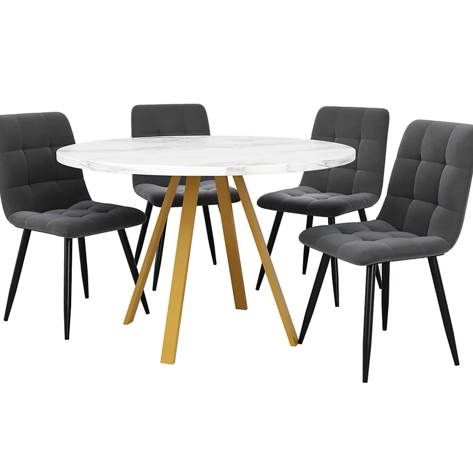 Ensemble table et chaises 80x80x75 cm avec 4 chaises, table carrée MDF, métal, assise velours blanc/doré