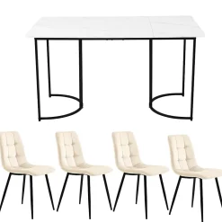 Ensemble table et chaises 140x80x75 cm avec 4 chaises, table rectangulaire MDF motif marbre, chaises velours