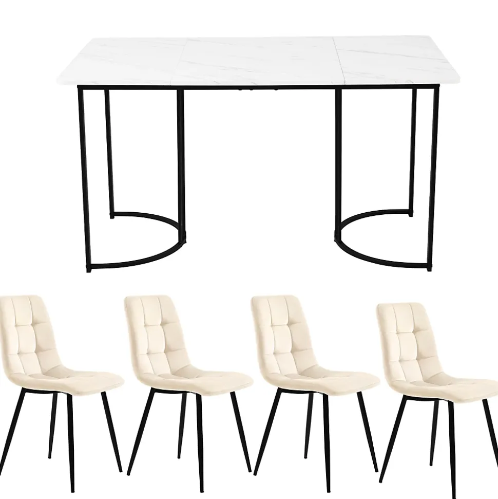 Ensemble table et chaises 140x80x75 cm avec 4 chaises, table rectangulaire MDF motif marbre, chaises velours