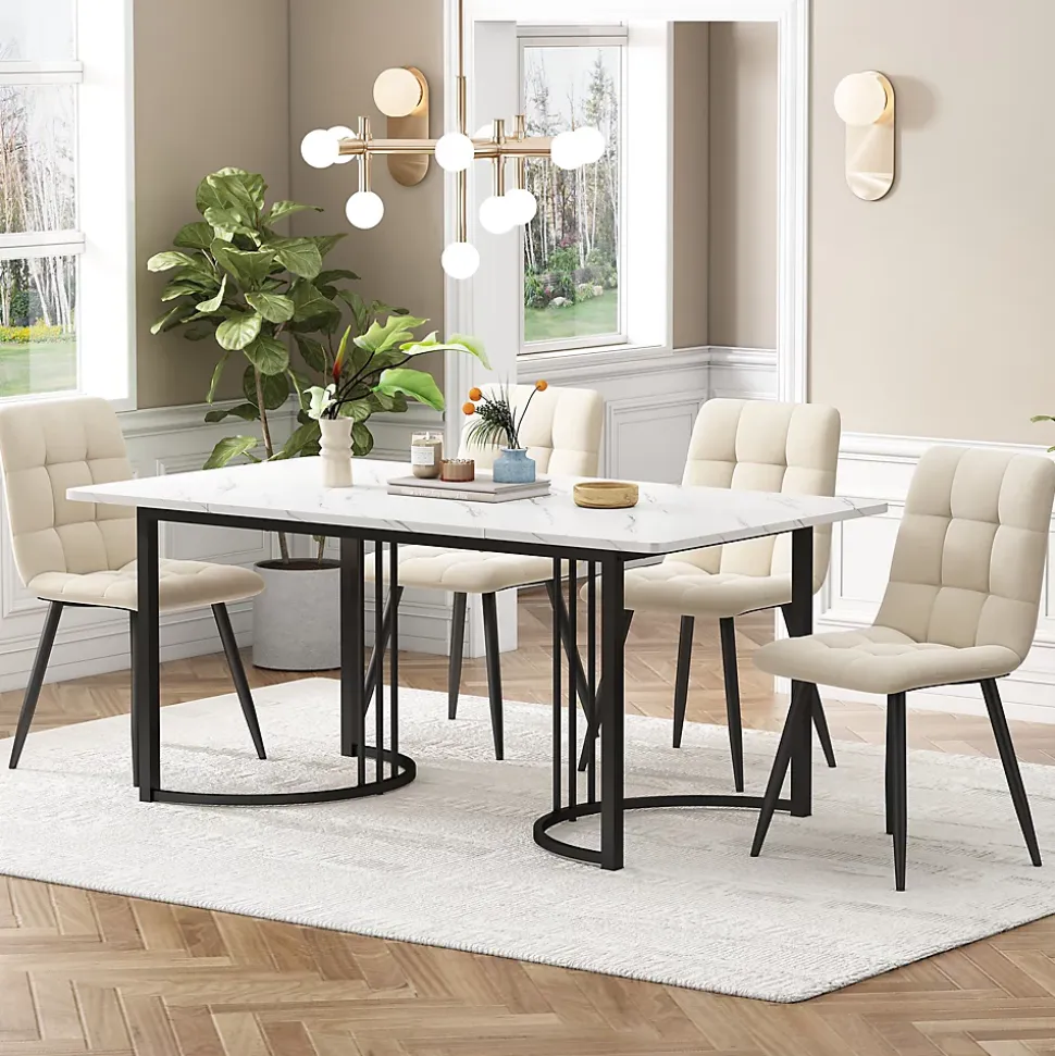 Ensemble table et chaises 140x80x75 cm avec 4 chaises, table rectangulaire MDF motif marbre, chaises velours