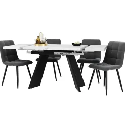 Ensemble table et chaises 99-159x74x77 cm, 4 chaises velours, structure métal, table extensible effet marbre