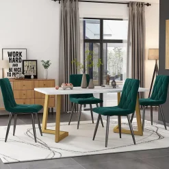 Ensemble table et chaises 117x68x75 cm avec 4 chaises velours vert, table rectangulaire MDF, pieds dorés