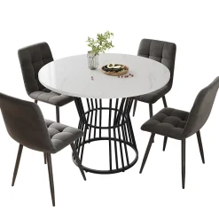 Ensemble table et chaises 100x75x75 cm table ronde MDF marbre avec 4 chaises velours gris et structure métal