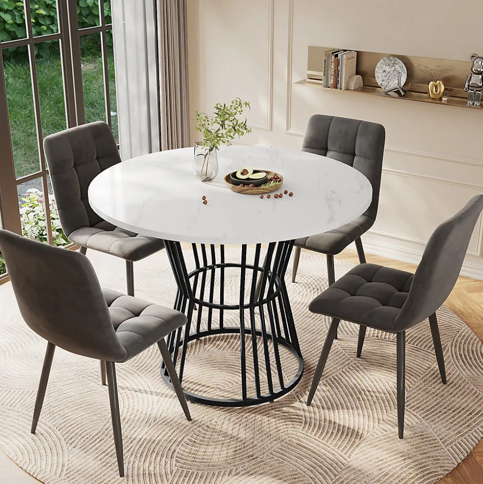 Ensemble table et chaises 100x75x75 cm table ronde MDF marbre avec 4 chaises velours gris et structure métal