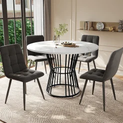 Ensemble table et chaises 100x75x75 cm table ronde MDF marbre avec 4 chaises velours gris et structure métal