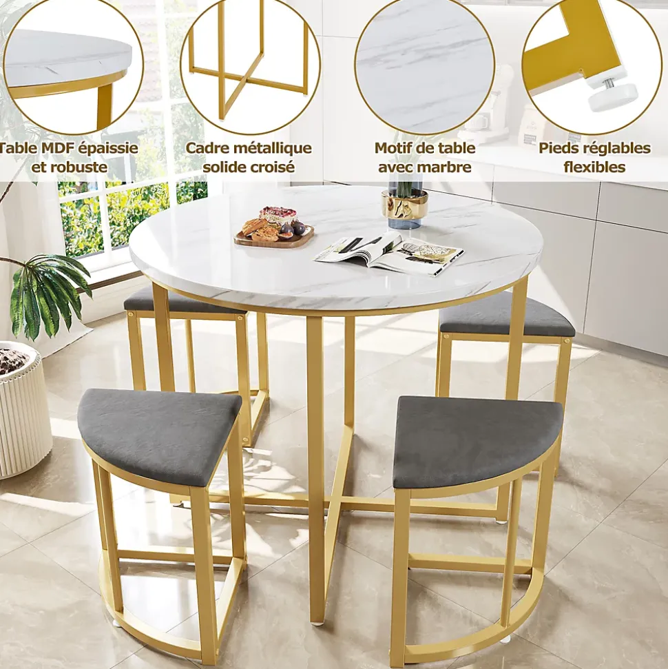 Ensemble Table et Chaises de Salle à Manger Moderne, Table Ronde avec 4 Chaises en Velours Gris et Pieds Dorés, 80x80x75 cm