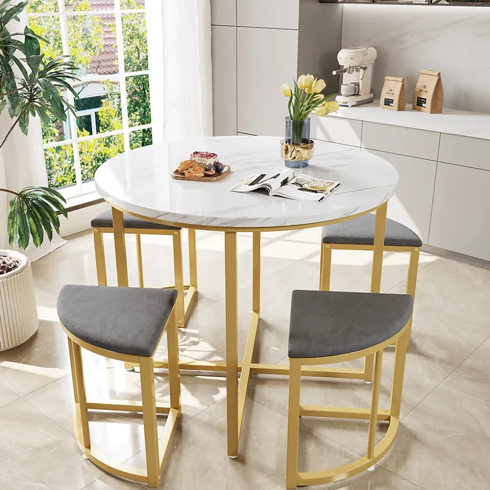 Ensemble Table et Chaises de Salle à Manger Moderne, Table Ronde avec 4 Chaises en Velours Gris et Pieds Dorés, 80x80x75 cm