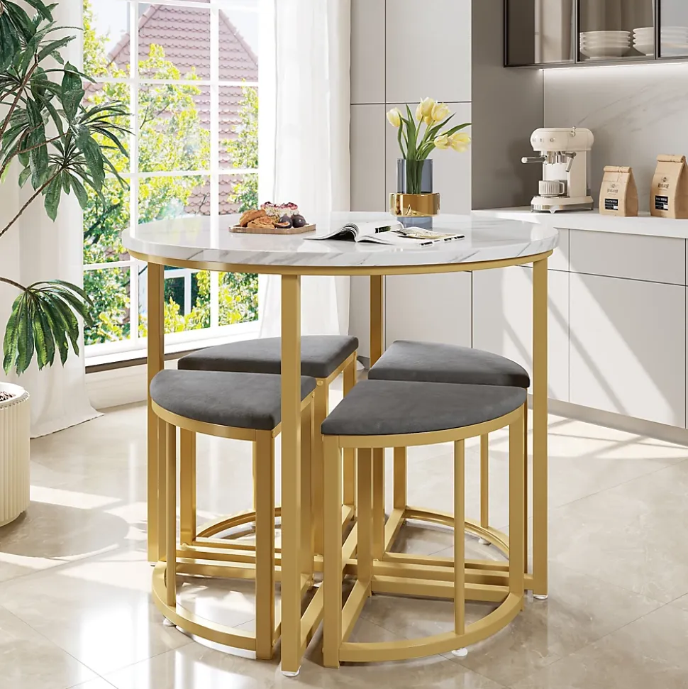 Ensemble Table et Chaises de Salle à Manger Moderne, Table Ronde avec 4 Chaises en Velours Gris et Pieds Dorés, 80x80x75 cm