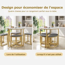 Ensemble Table et Chaises de Salle à Manger Moderne, Table Ronde avec 4 Chaises en Velours Gris et Pieds Dorés, 80x80x75 cm