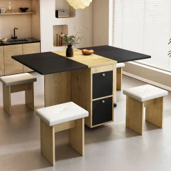 Ensemble Table et Chaises - Table à Manger Extensible 120x80x75 cm avec 4 Chaises - Blanc Chêne Noir