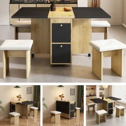 Ensemble Table et Chaises - Table à Manger Extensible 120x80x75 cm avec 4 Chaises - Blanc Chêne Noir