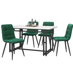 Ensemble Table et Chaises - Table Rectangulaire en MDF avec 4 Chaises en Velours, Pieds Métal Noir - Blanc et Vert Foncé