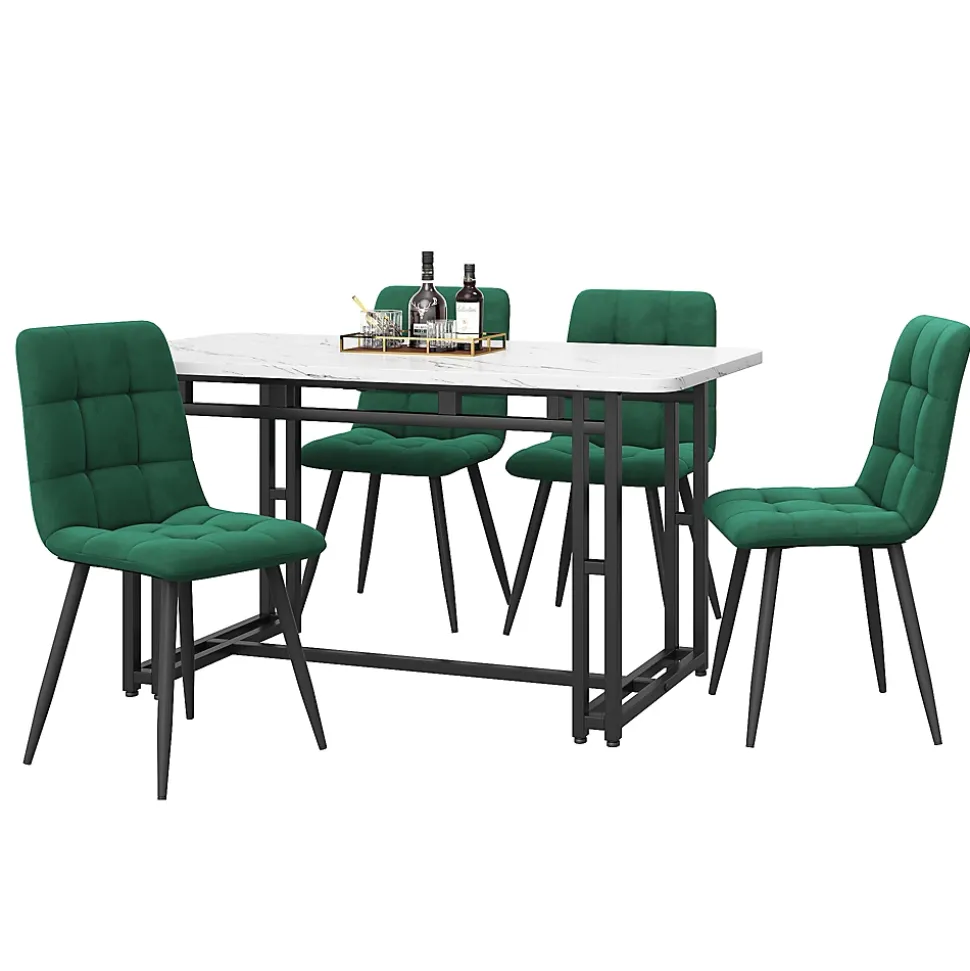 Ensemble Table et Chaises - Table Rectangulaire en MDF avec 4 Chaises en Velours, Pieds Métal Noir - Blanc et Vert Foncé