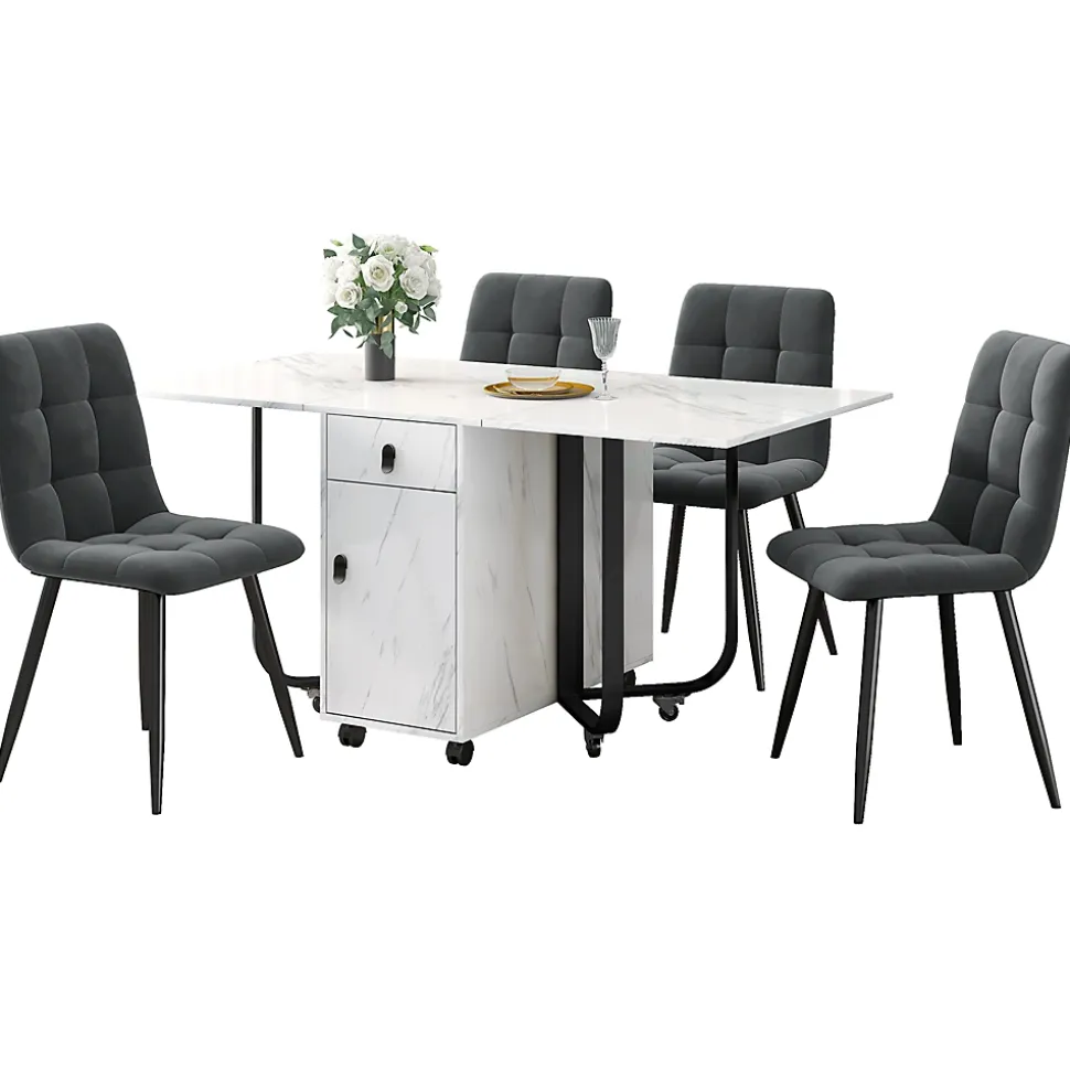 Ensemble table et chaises 150x80x76 cm avec 4 chaises assise rembourrée, rectangulaire MDF et pieds métal