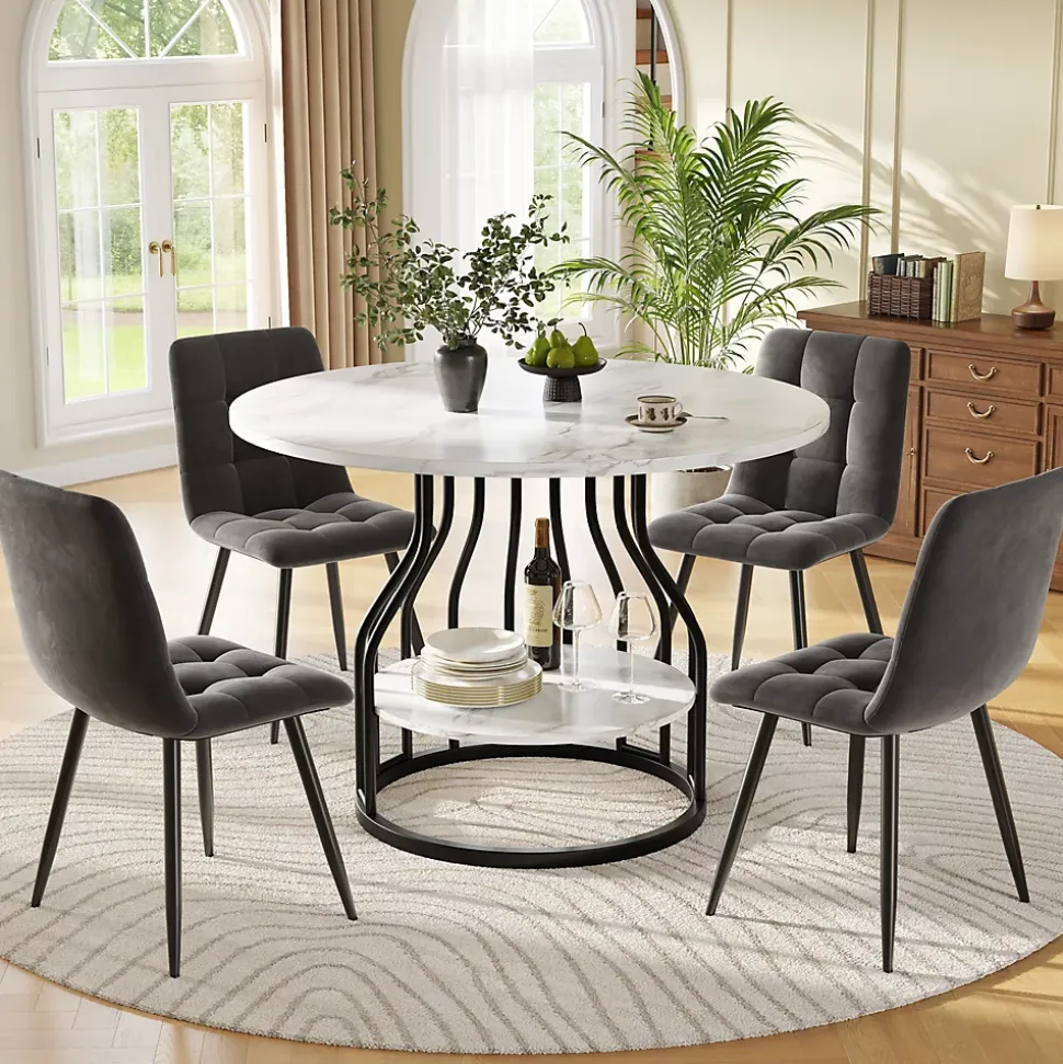 Ensemble table et chaises 80x80x76 cm table ronde avec 4 chaises en velours, plateau MDF effet marbre