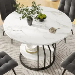 Ensemble table et chaises 80x80x76 cm table ronde avec 4 chaises en velours, plateau MDF effet marbre