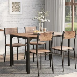 Ensemble Table et Chaises - Table 108x65 cm MDF avec 4 Chaises Métal, Surface PVC, design Gain de Place, Marron