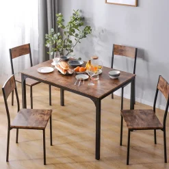 Ensemble Table et Chaises - Table 108x65 cm MDF avec 4 Chaises Métal, Surface PVC, design Gain de Place, Marron