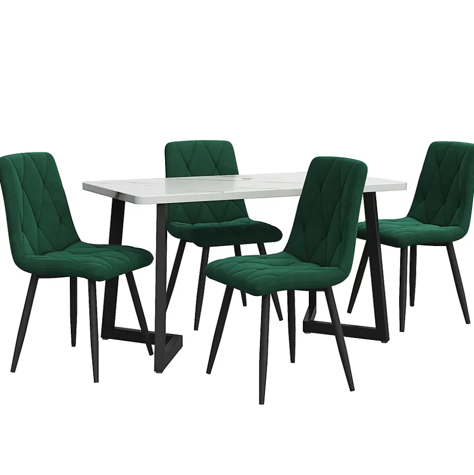 Ensemble Table et Chaises - Rectangulaire MDF avec 4 Chaises Velours, Pieds Métal Noir, Blanc & Vert Foncé, 117x68x75 cm