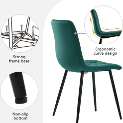 Ensemble Table et Chaises - Rectangulaire MDF avec 4 Chaises Velours, Pieds Métal Noir, Blanc & Vert Foncé, 117x68x75 cm
