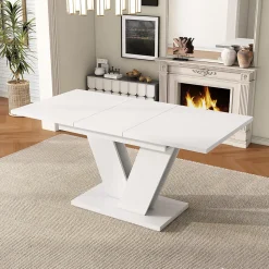 ensemble Table et Chaises Salle à Manger avec Table Extensible et 6 Chaises en Velours, 120/160 x 80 cm - Blanc et Beige