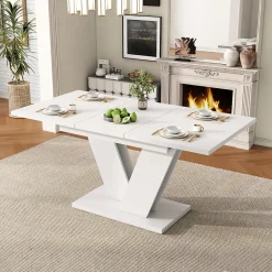 ensemble Table et Chaises Salle à Manger avec Table Extensible et 6 Chaises en Velours, 120/160 x 80 cm - Blanc et Beige