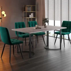 Ensemble table et chaises 140x80x75 cm avec 4 chaises, table MDF effet marbre, chaises velours gris