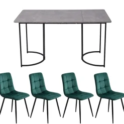 Ensemble table et chaises 140x80x75 cm avec 4 chaises, table MDF effet marbre, chaises velours gris