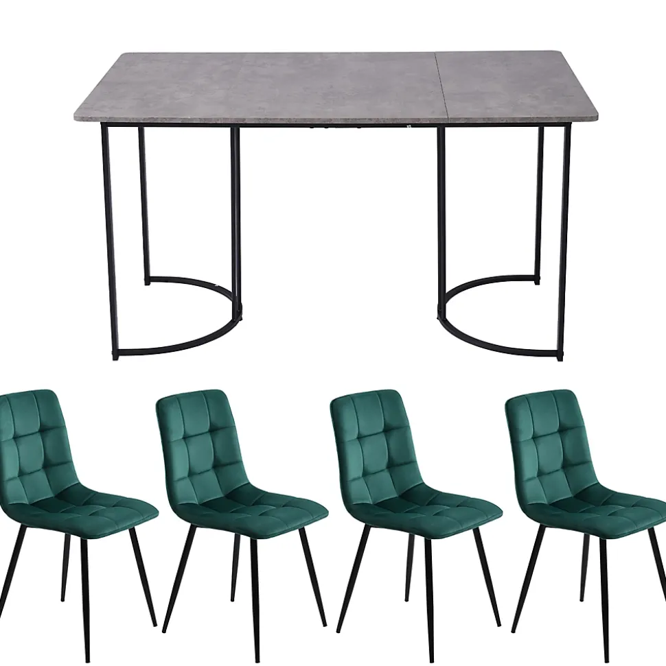Ensemble table et chaises 140x80x75 cm avec 4 chaises, table MDF effet marbre, chaises velours gris
