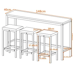 Ensemble table et chaises 148x40x90 cm avec 3 chaises table rectangulaire structure métal brun foncé
