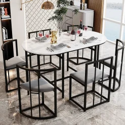 Ensemble table et chaises 180x90x75 cm avec 6 chaises, table MDF blanc, chaises velours gris, pied métal