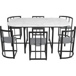 Ensemble table et chaises 180x90x75 cm avec 6 chaises, table MDF blanc, chaises velours gris, pied métal